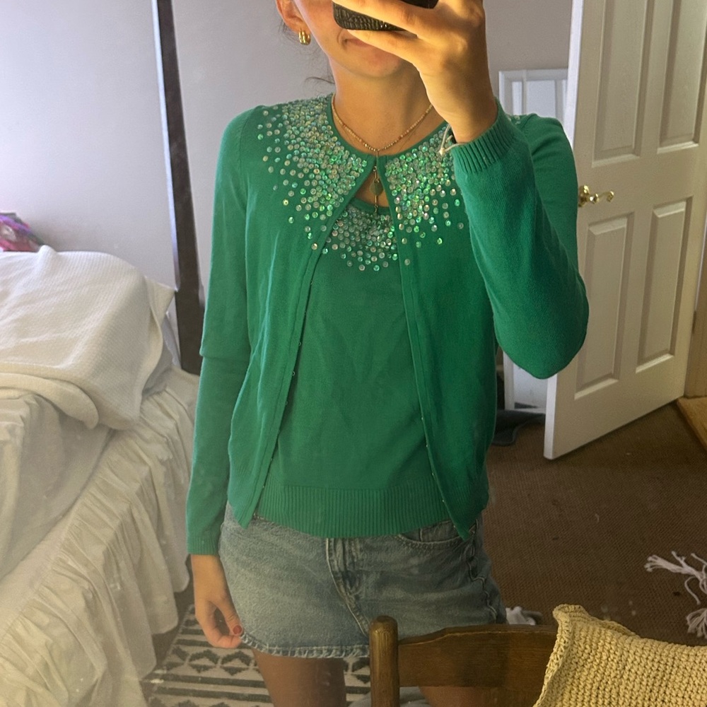 GAP Green Sequin Cardigan and Top Set